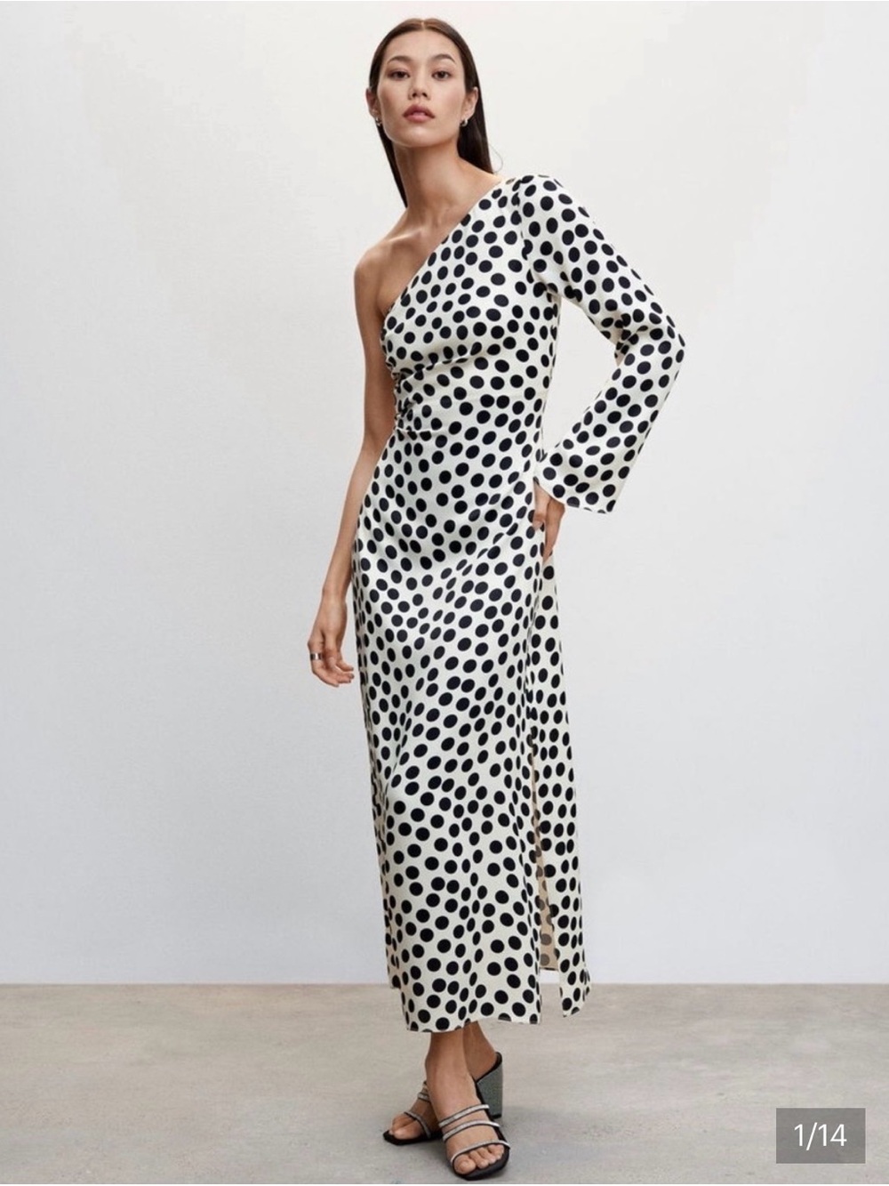Mango One Shoulder Polka Dot Maxi Dress Black White Wedding Guest Size L